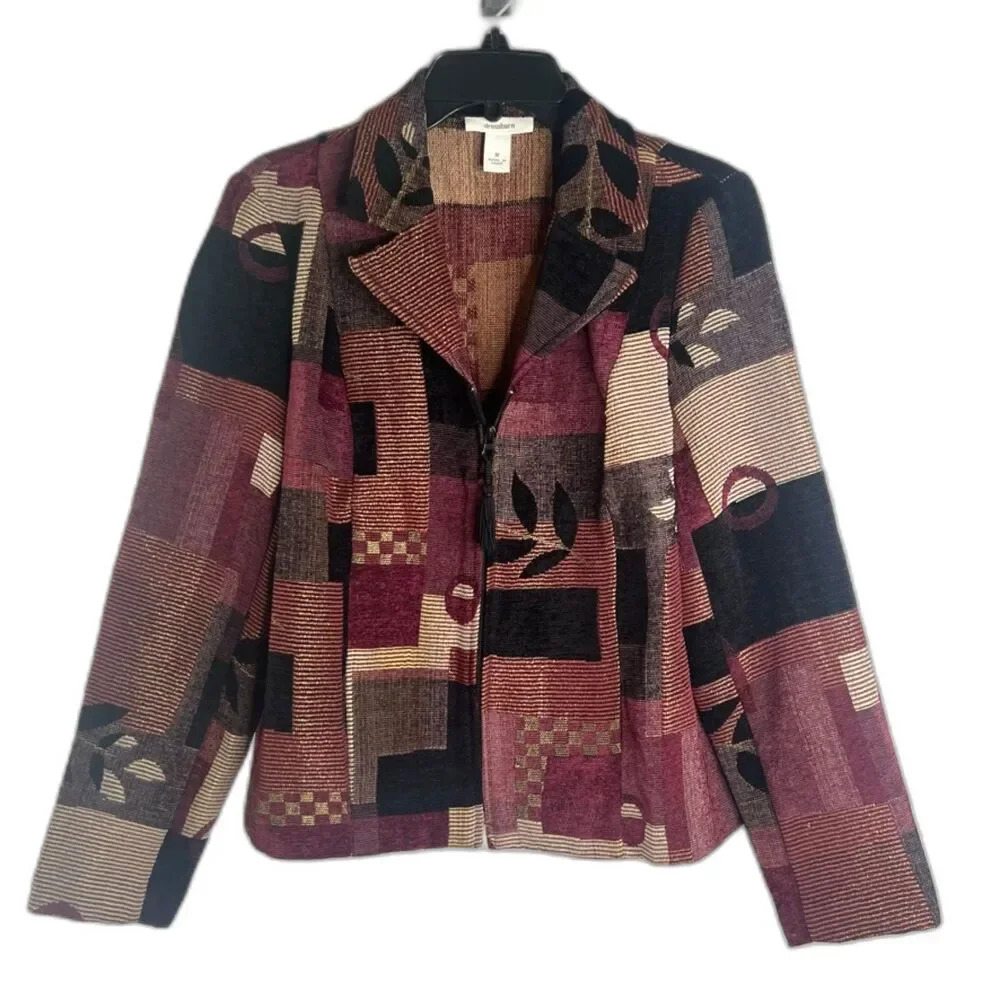 Dressbarn Jacket Blazer patchwork Brocade Abstract‎ Full Zip w/ Tassel Size MD